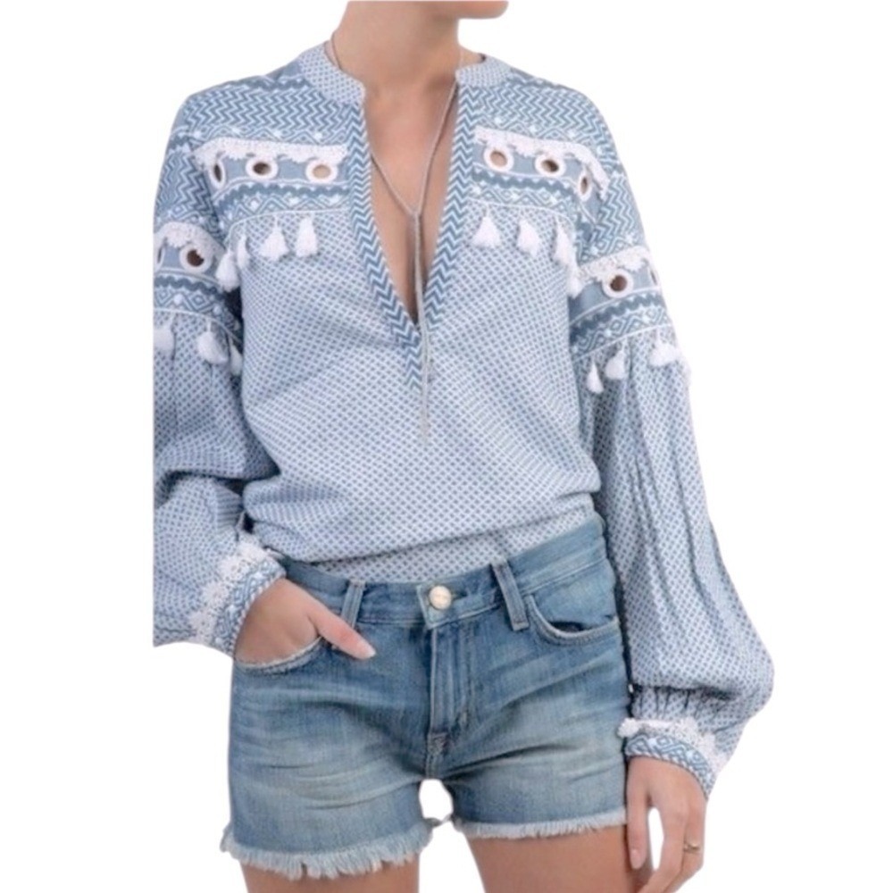 Dodo Bar Or‎ Blouse Women S Blue White Excellent Boho Tassel Eyelet Cotton Top
